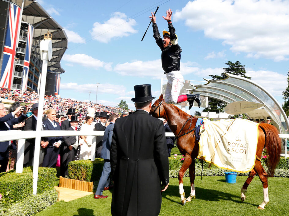 Frankie Dettori celebrates his Ascot Gold Cup win on Stradivarius